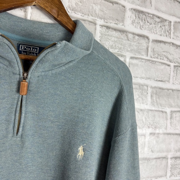 Polo Ralph Lauren Dusty Aqua Blue Leather Pull Quarter Zip Pullover Sweater 2XL - Picture 2 of 7